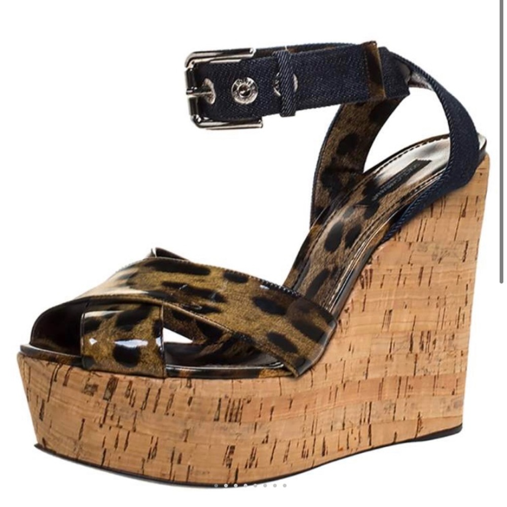 Dolce & Gabbana Leopard Patent Leather Blue Denim Cork Wedge Platform Sandals
